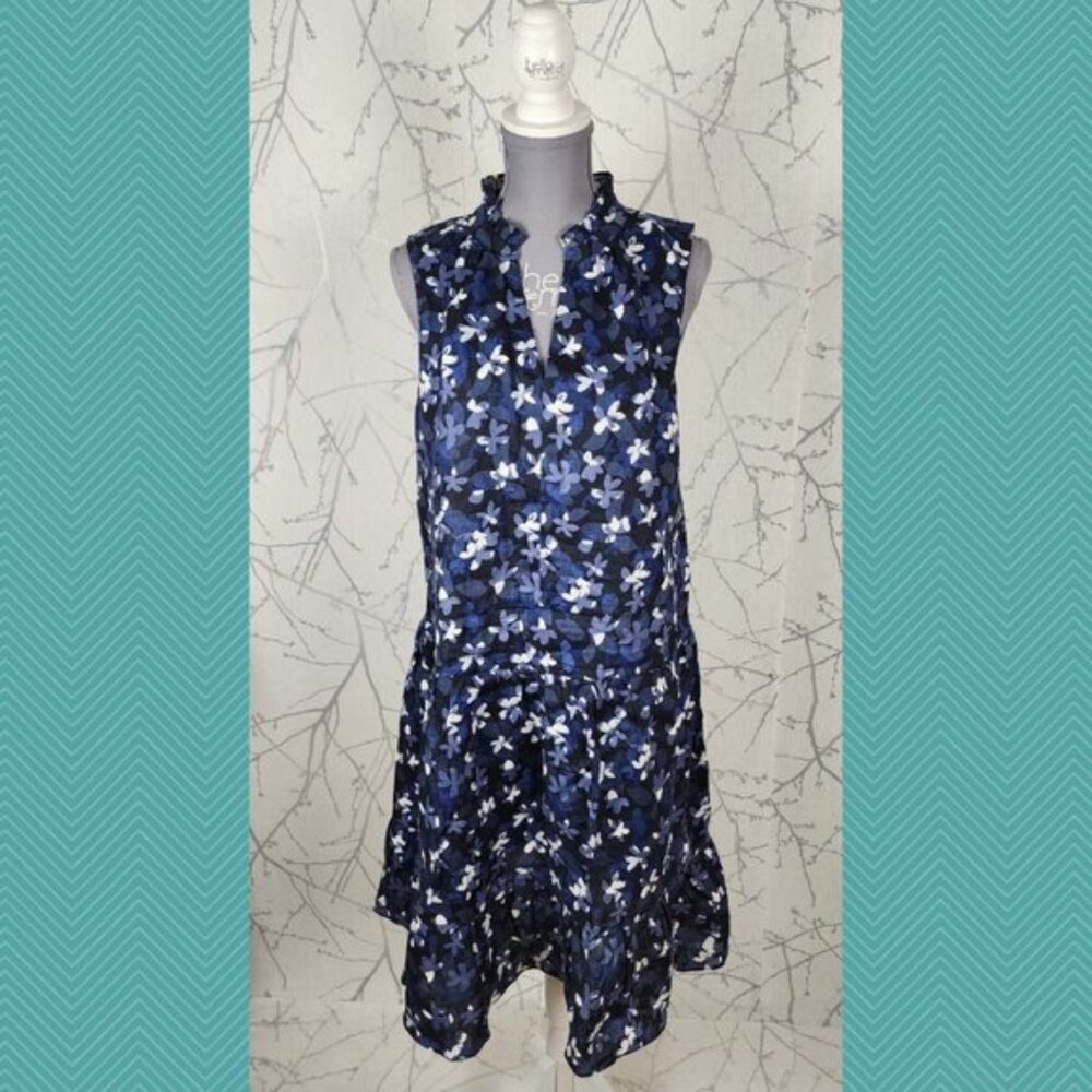 Hudson North Navy Floral Print 100% Linen Peplum Flowy Midi Dress